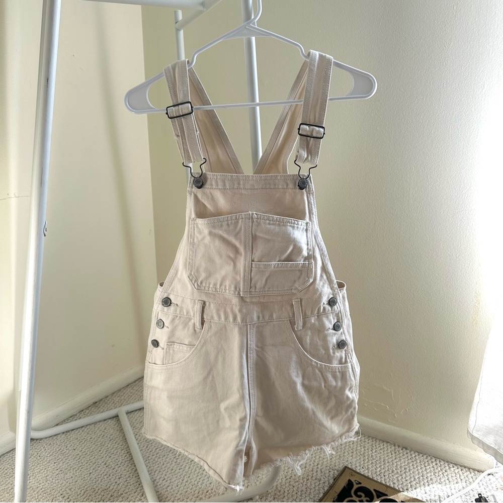 brandy melville cream denim short overalls